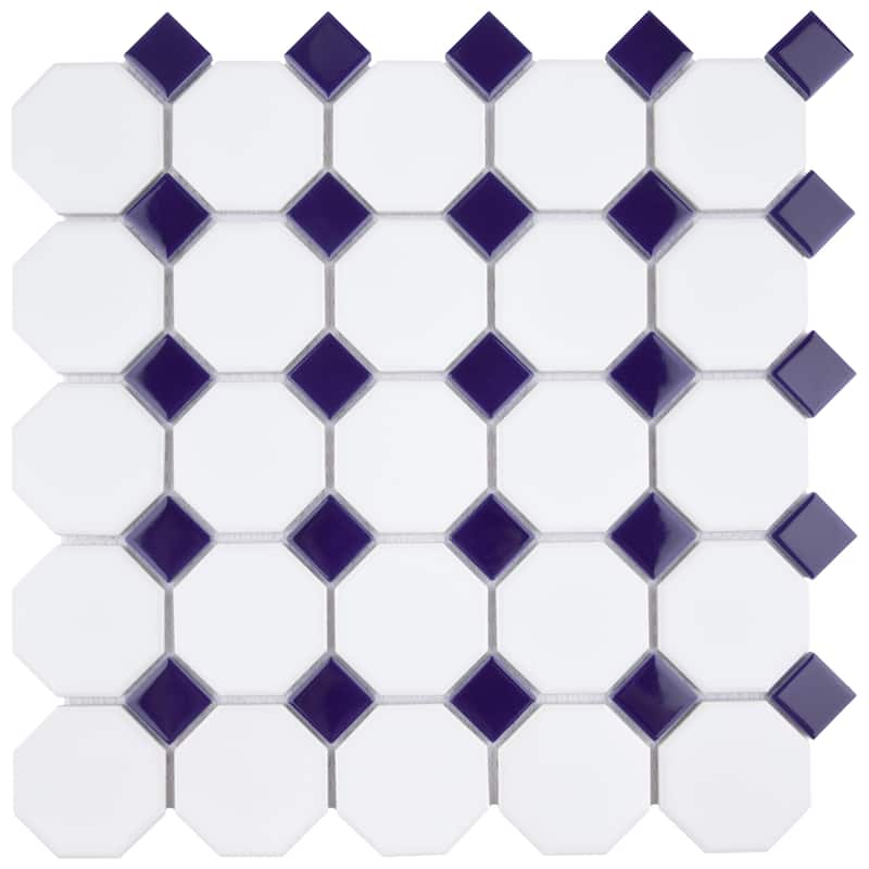 Merola Tile Metro Octagon Matte White w/Cobalt Dot 11-1/2" x 11-1/2" Porcelain Mosaic Tile