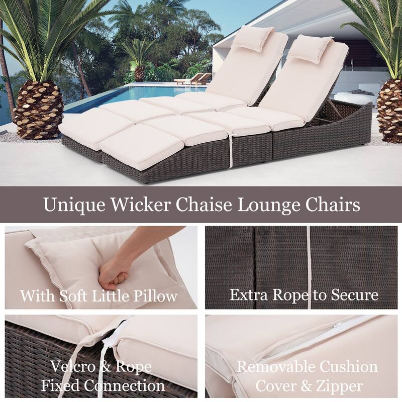 Patio Wicker Chaise Lounge Recliner Foldable Chair, w/ 5 Adjustable Back Positions & Cushion