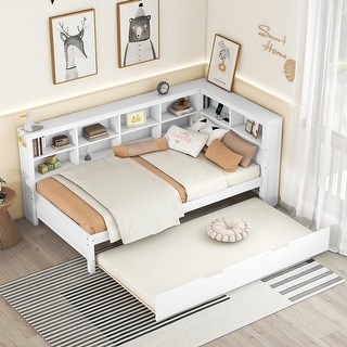 Multi-Shelf Daybed Bookcase Bed Frame with Trundle Bed