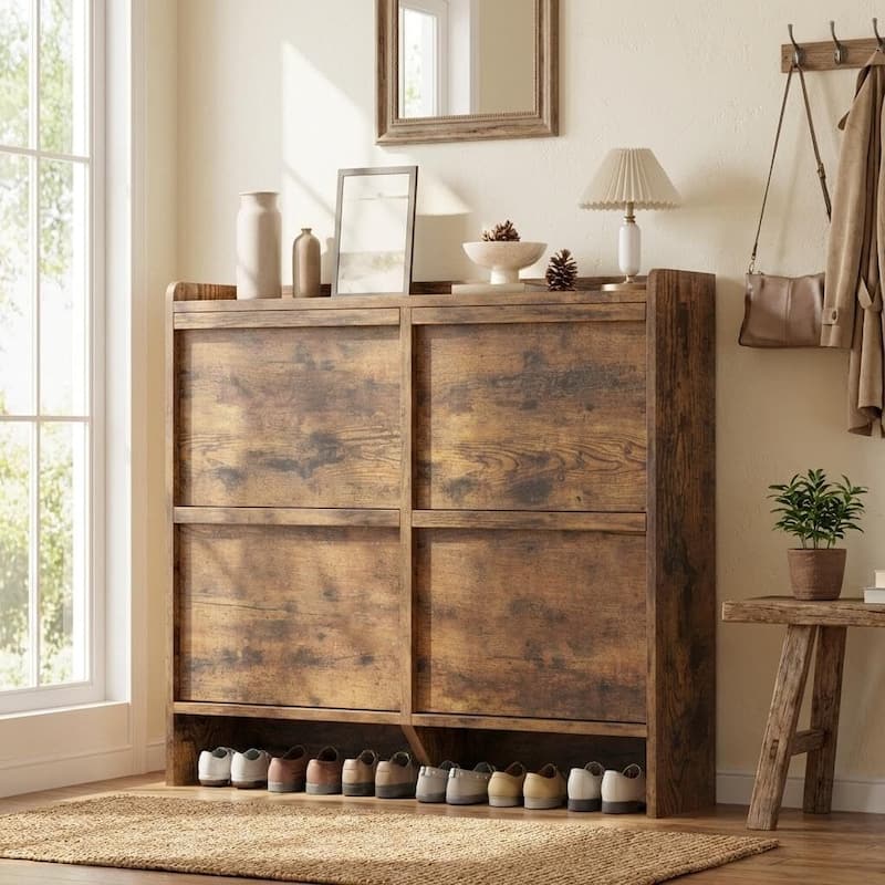 Narrow Shoe Cabinet Organizer with 4 Flip Drawers for Entryway, Hallway, Living Room - Brown
