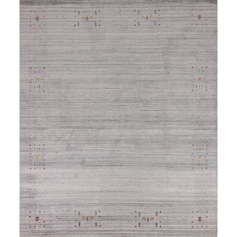 Striped Gray Gabbeh Indian Area Rug Hand-Knotted Wool Carpet - 8'7" X 9'7"