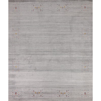 Striped Gray Gabbeh Indian Area Rug Hand-Knotted Wool Carpet - 8'7" X 9'7"