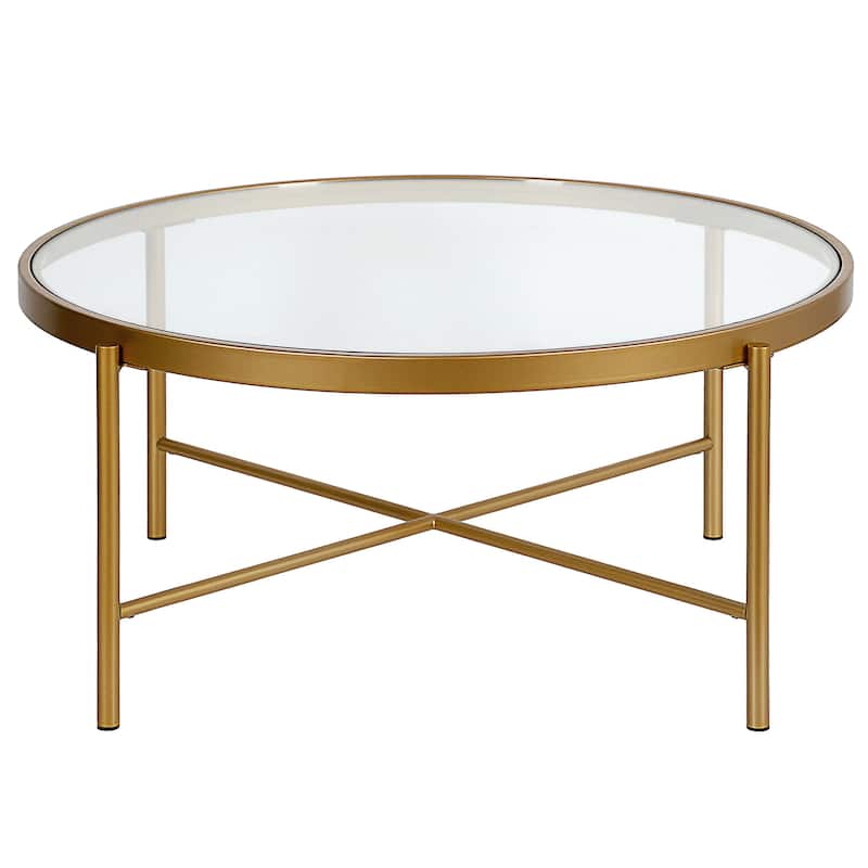 36 Inch Glass and Steel Round Coffee Table Modern Living Room - 36” x 36” x 16”