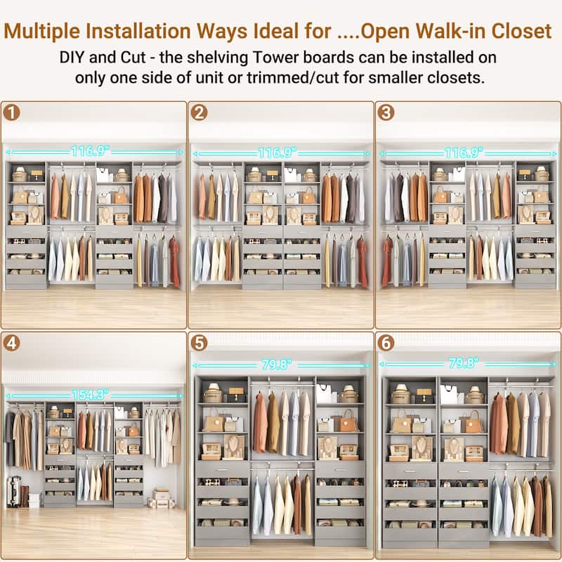 Set of 2 Closet System with Wooden Drawers and Hanging Rods, Closet Organizer with Adjustable Storage Shelves