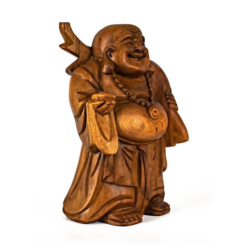 Wooden Traveling Happy Buddha Statue Hand Carved Smiling Sculpture Handmade Figurine Decorative Home Decor Wood Accent - 12" Tall x 6" Wide x 4" Deep