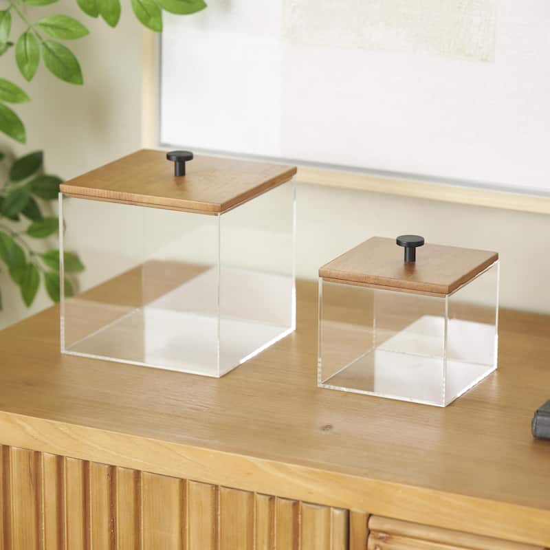 Acrylic Plastic Box with Brown Wooden Lids and Black Knobs - Set of 2 - Roche River Decor