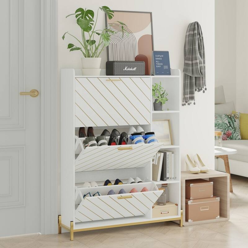 Shoe Cabinet with 3 Flip Drawers and Open Shelves
