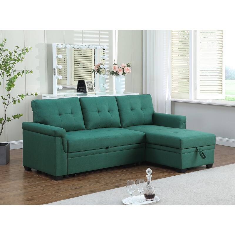 Solid Wood Frame Linen Reversible Sleeper Sectional Sofa with Storage Chaise