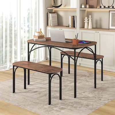 3 PCS 48" Dining Table Set Table & 2 Benches for 4 w/ Metal Frame