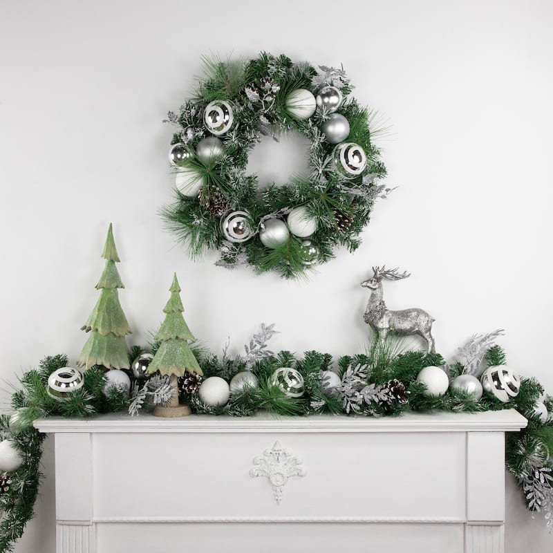 Green Pine Needle Wreath with Pinecones and Christmas Ornaments 24-Inch Unlit - 24"
