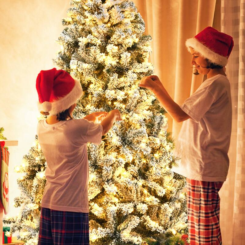 Gymax 6/7.5/9 FT Pre-Lit Christmas Tree Snow Flocked Hinged Pine Tree