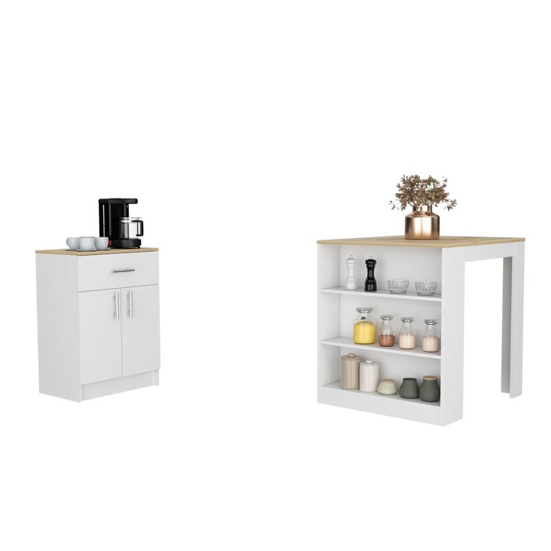 2 Piece Kitchen Set, Kitchen Island Table + Pantry Cabinet, White / Light Oak - White