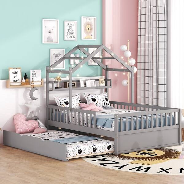 slide 2 of 9, Full Size Wooden House Platform Bed with Twin Size Trundle Gray