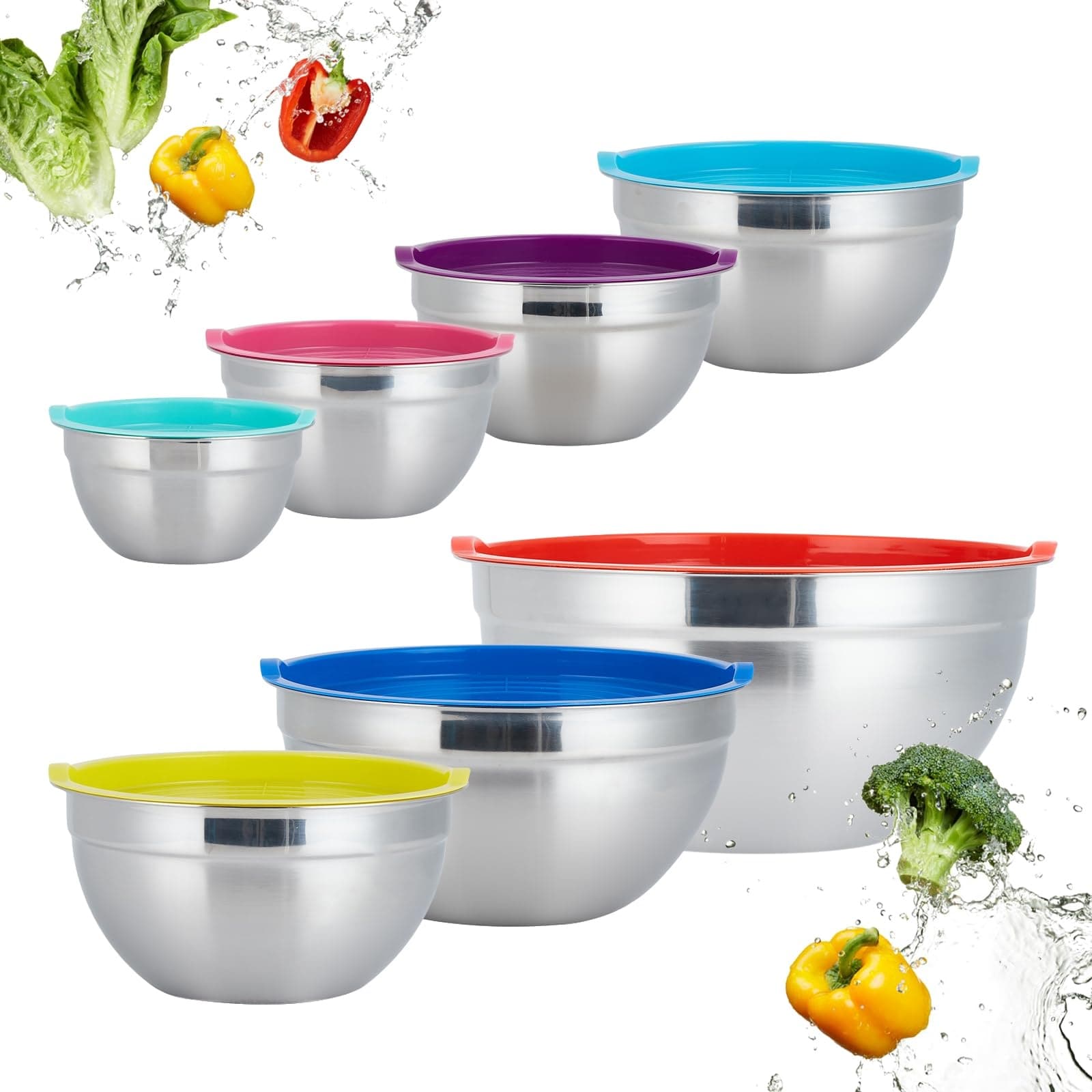 Mixing Bowls Set of 7, Stainless Steel Storage Bowl Set with Colorful Airtight Lids, 0.7-7 Qt, Reusable Nesting Bowl Set