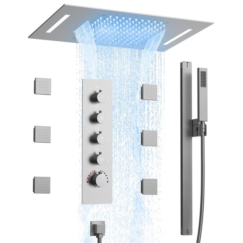 Multi-Function Thermostatic Shower System – Rainfall, Waterfall, Body Jets & LED Smart Control - 15*23