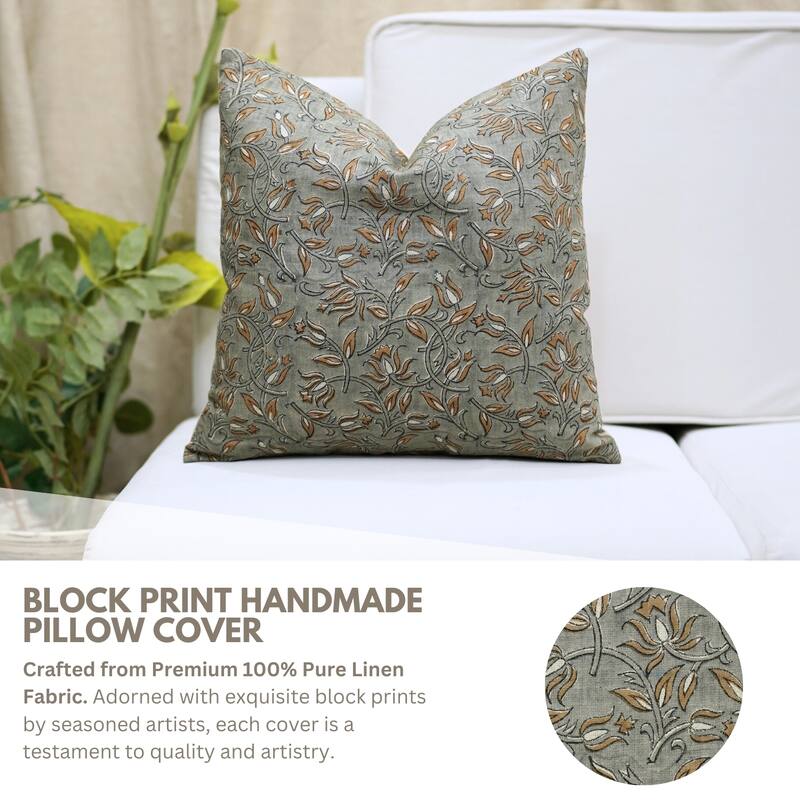 Fabdivine 12x20 Handmade Pure Linen Cushion Cover Floral Mustard Ideal for Sofa, Floral Block Print, Accent Décor, Bagru Buti