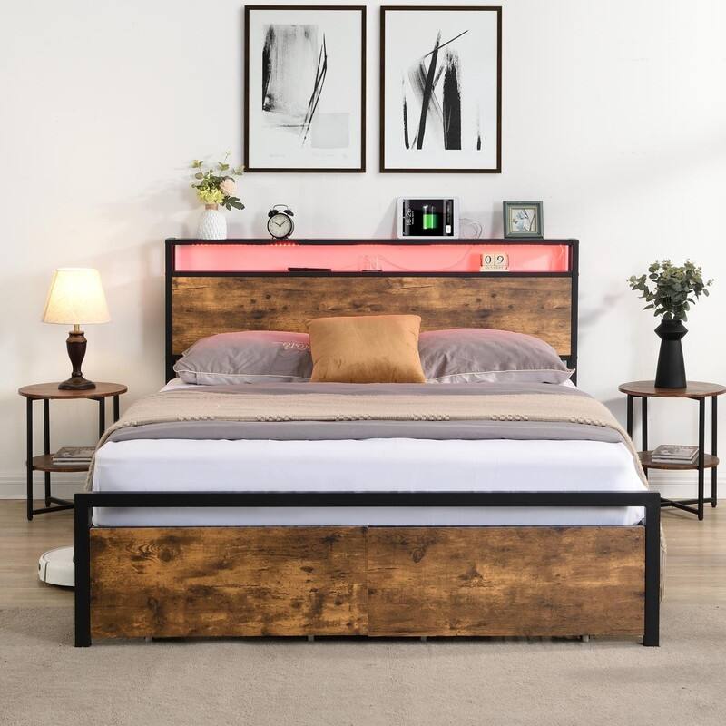 Metal Platform Bed Frame with Storage Headboard,2 Drawers,LED Lights and Charging Station