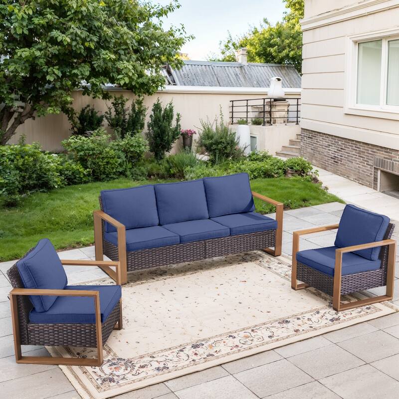Gymojoy Outdoor Wicker Patio Furniture Sofa Set - 3-Piece Sofa Set - Club Chairs - Brown Wicker / Blue Cusion