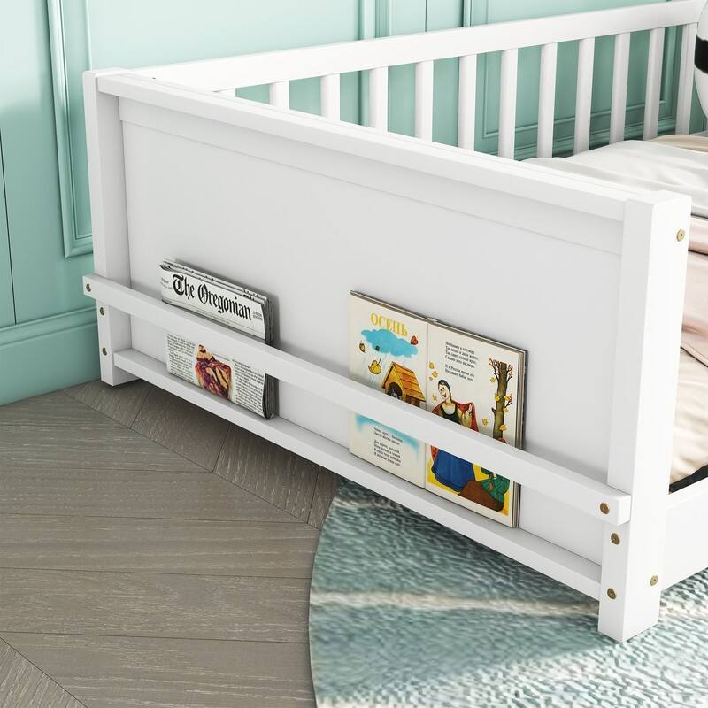 Floor Platform Bed with Built-in Book Storage Rack,Twin Size