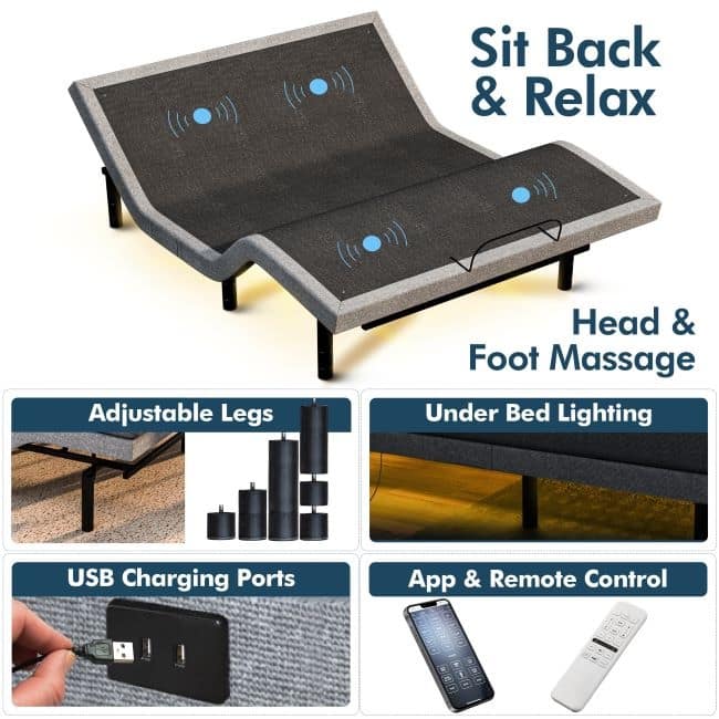 Renanim Adjustable Queen Bed Frame with Hybrid Mattress, Dual Massage, USB Ports, App, Remote