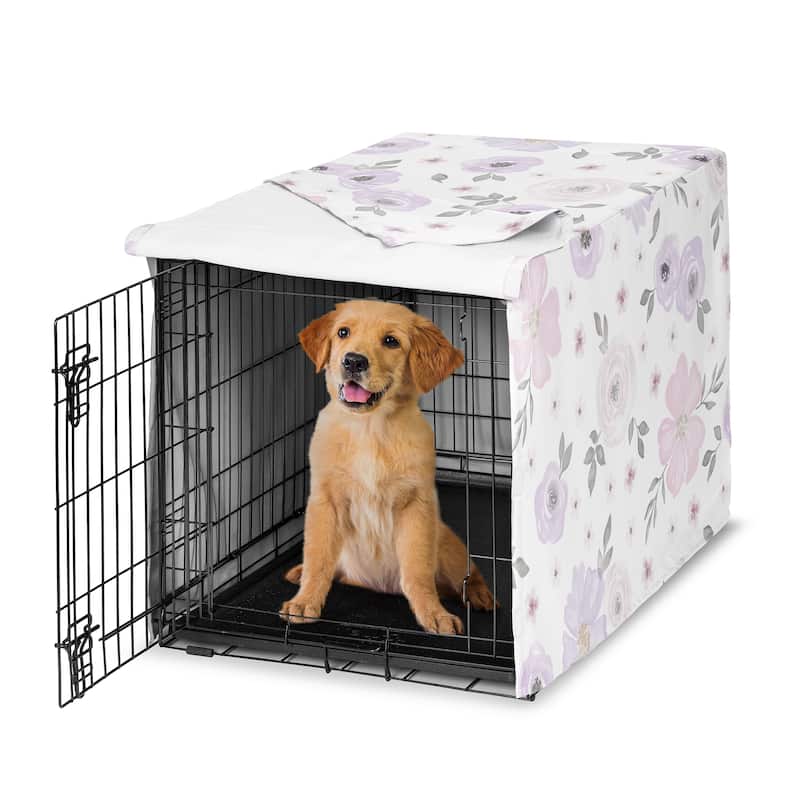 Sweet Jojo Designs Lavender Purple Boho Floral Girl Dog Crate Kennel Cover 36in. Pink Grey Bohemian Farmhouse Shabby Watercolor