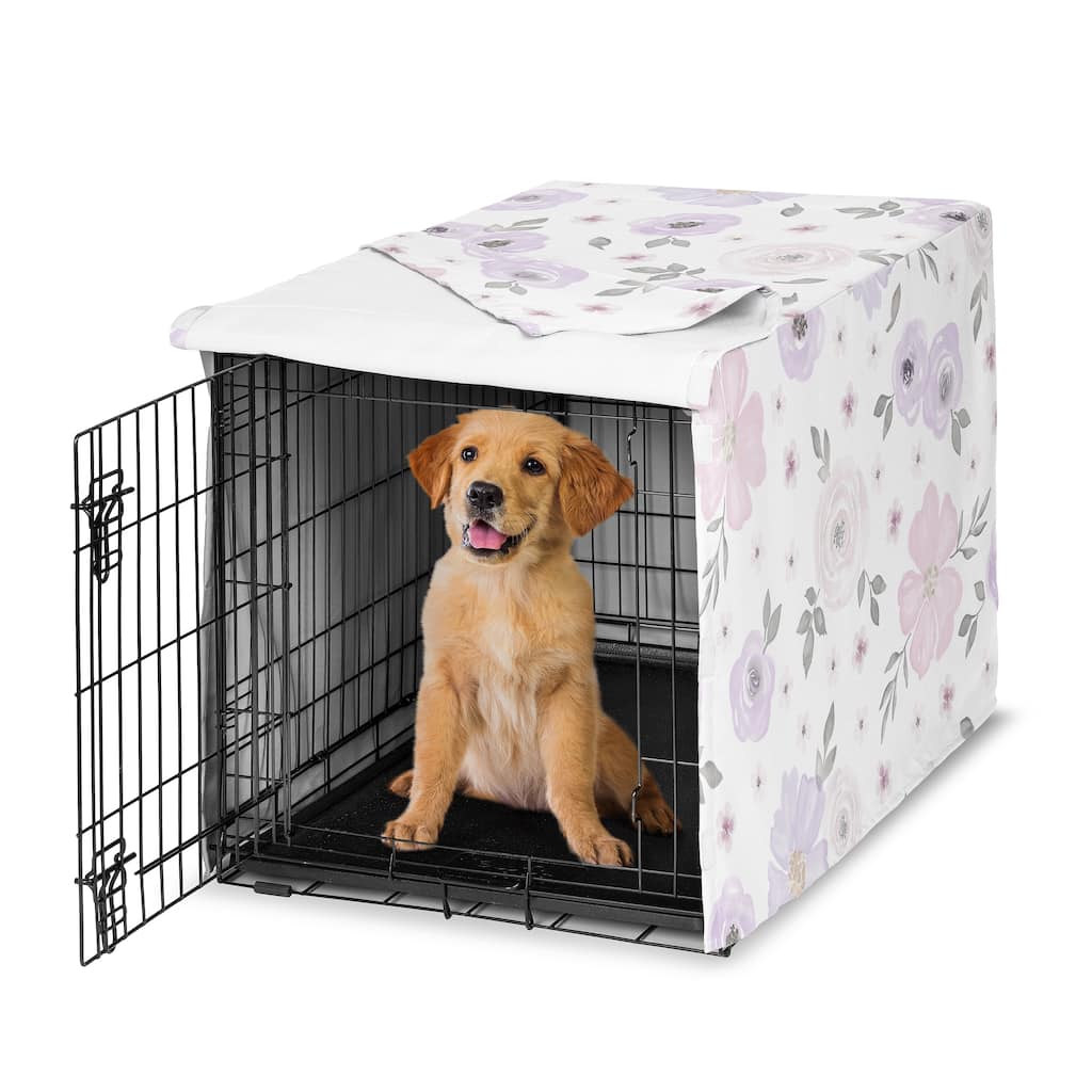 Sweet Jojo Designs Lavender Purple Boho Floral Girl Dog Crate Kennel Cover 36in. Pink Grey Bohemian Farmhouse Shabby Watercolor
