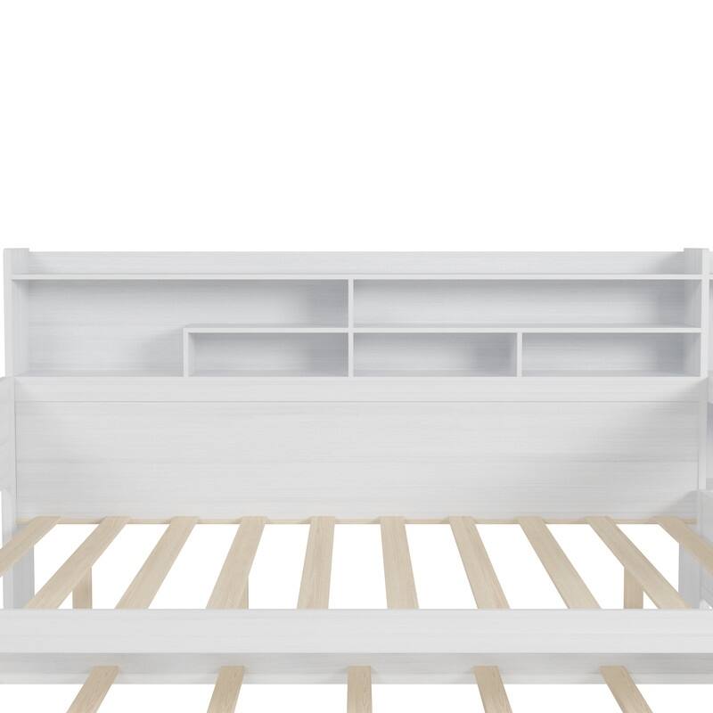 Twin/Full Size Multifunctional Daybed with Storage Shelves and Desk, Wooden Platform Bed Frame with Twin Size Trundle