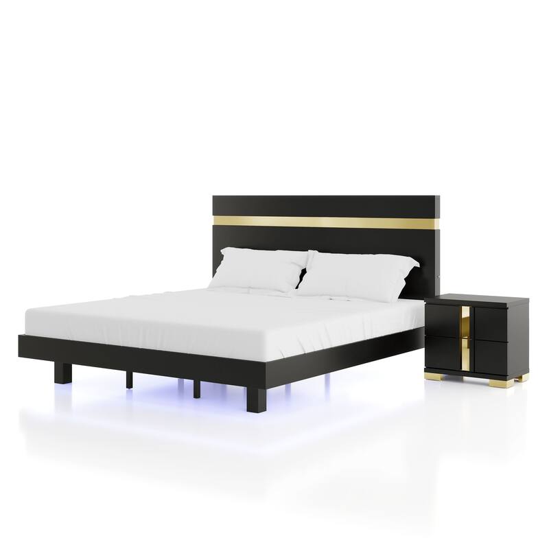 Furniture of America Halifax Modern 2-Piece Wood Black Platform Bedroom Set with Underbed LED