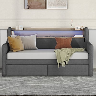 Twin Size PU Leather Upholstered Daybed with Storage Drawers, Charging Station, LED RGB Lights & Headboard Storage