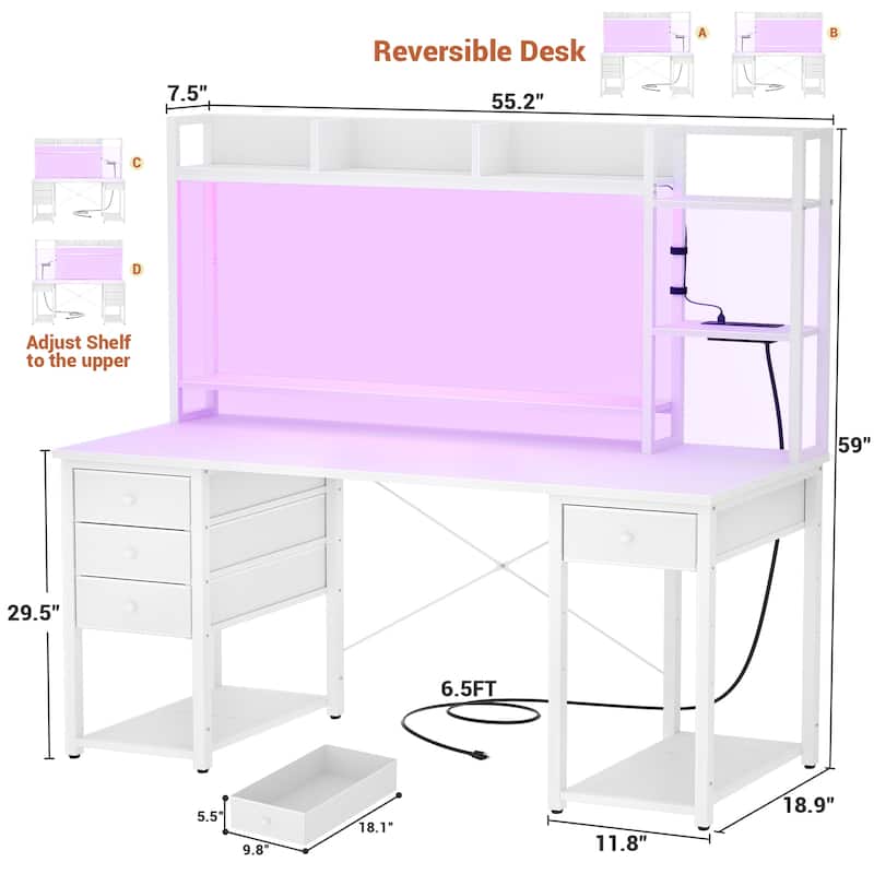 Gaming Desk with Hutch and Drawers, Office Computer Desk with Charge Station and LED Light