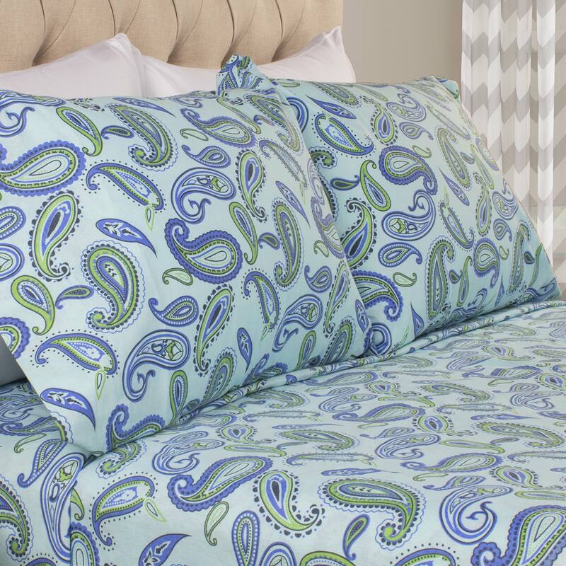 Superior Vintage Floral Paisley Flannel Cotton 2 Piece Pillowcase Set - King - Light Blue