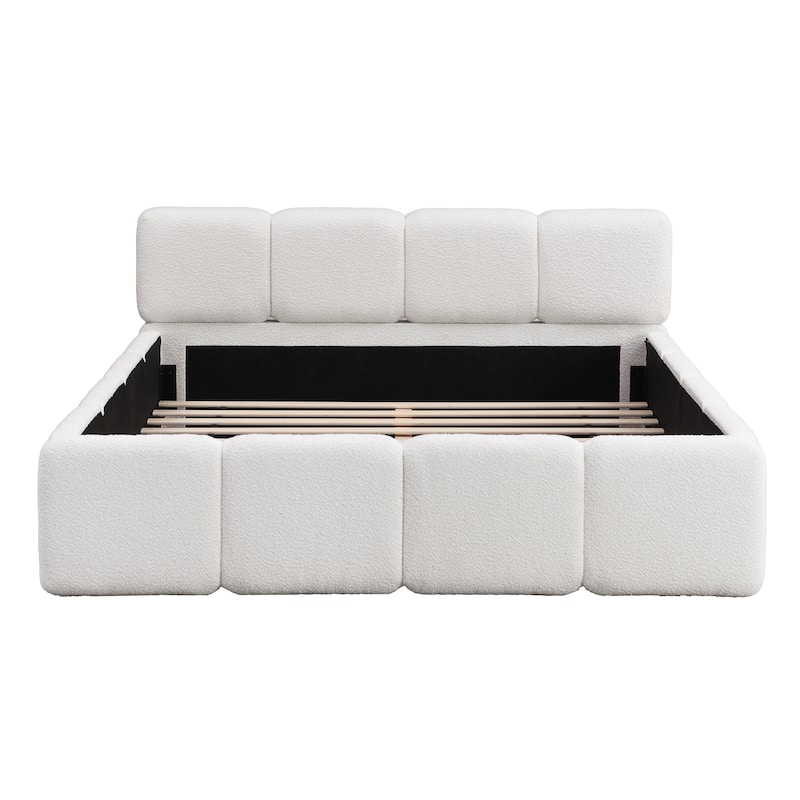 Embedded Platform Bed with Square Plush Upholstery Headboard White