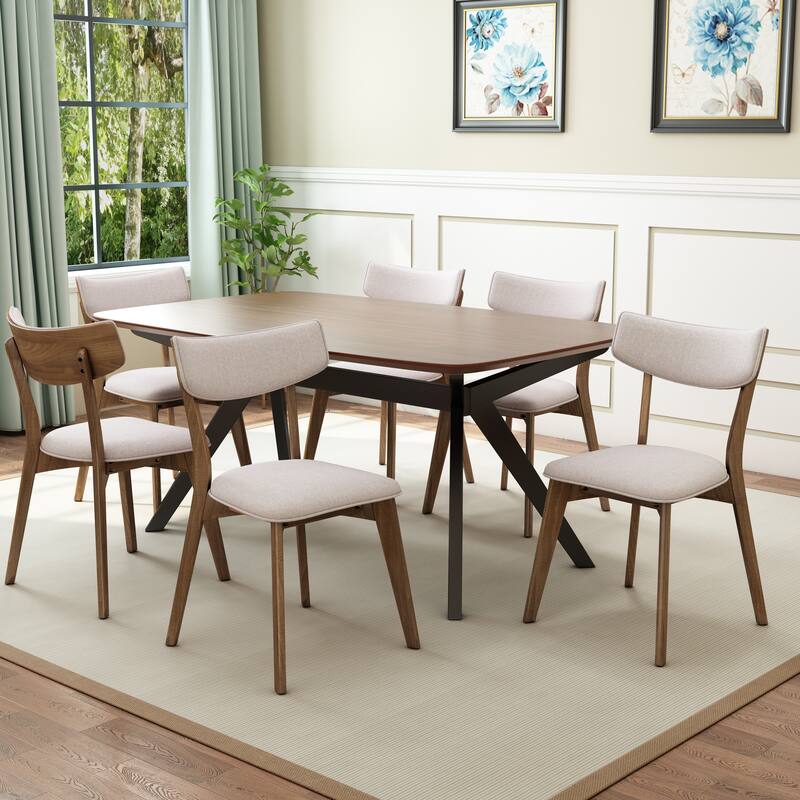Christopher Knight Home - Genevra Wood and Fabric Dining Set - 7-Pieces - Light Beige+Walnut + Black