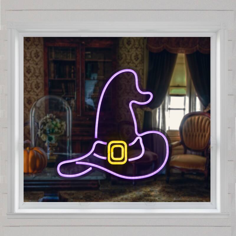 15" Purple LED Neon Style Witch Hat Halloween Window Silhouette