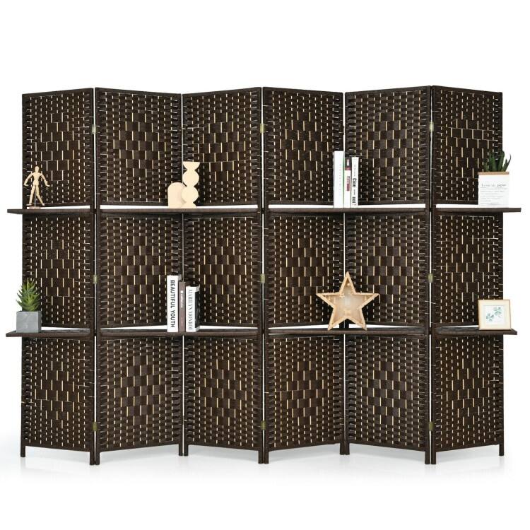 6 Panel Folding Weave Fiber Multipurpose Room Divider with 2 Display Shelves - 95" x 71" (L x H) - Brown