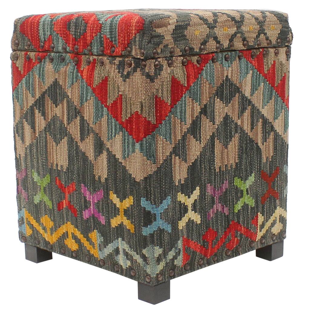 Vintage Pilar Kilim Upholstered Handmade Storage Ottoman