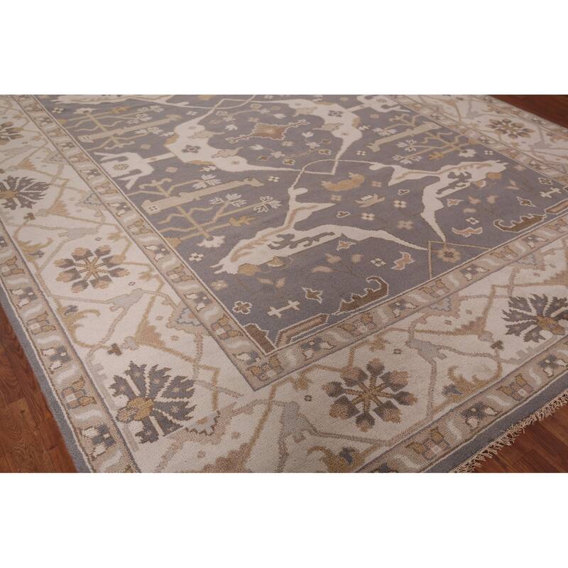 Gray Oushak Indian Rug Hand-Knotted Transitional Floral Wool Carpet - 9'1"x 11'7"