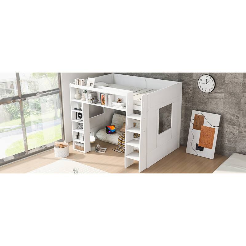 Roomfitters Queen Size Loft Bed with Storage Cabinets and Bookshelves