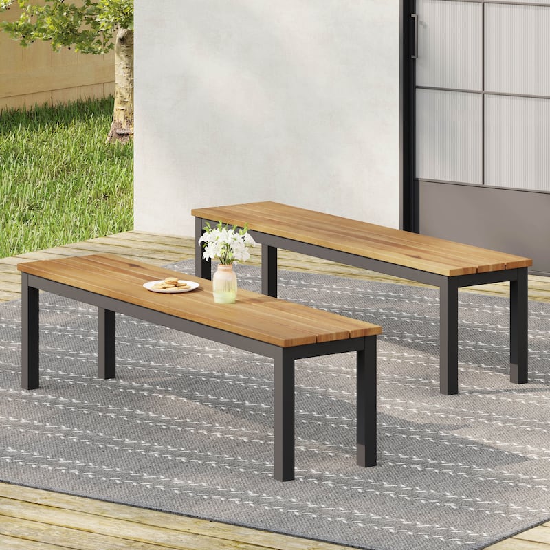 Roomfitters Outdoor Bench Set of 2 with Acacia Wood Top and Black Metal Legs, Patio Garden Seating, Natural