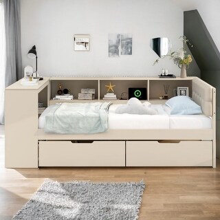 Cream Wood Twin Size Platform Bed with Storage Shelves and 2 Drawers