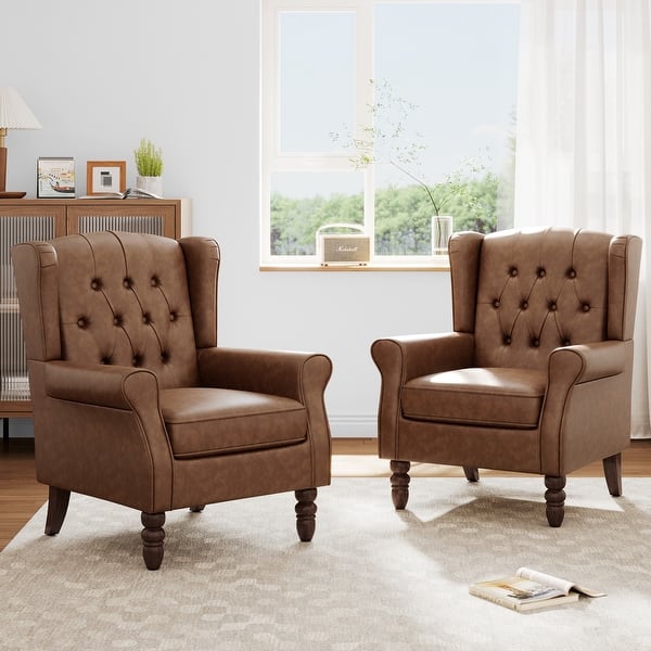 slide 2 of 29, Set of 2 Vegan Leather Upholstered Button Tufted Accent Chair Brown