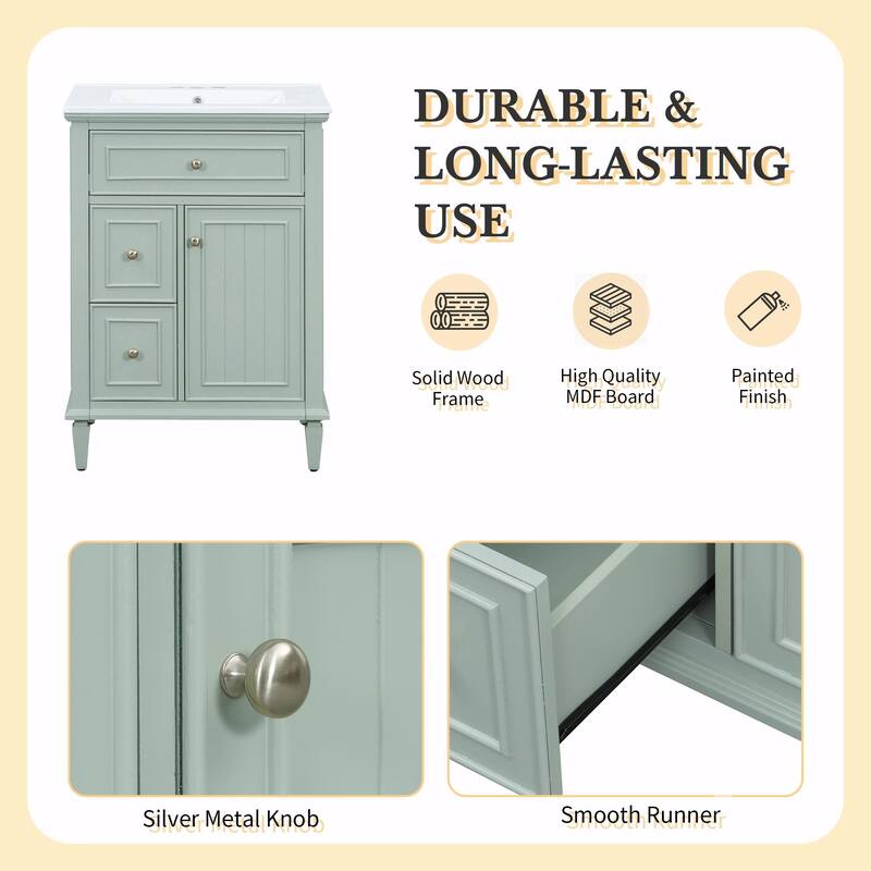 24" Bathroom Vanity with Sink, Bathroom Vanity Cabinet with One Flip Drawer and Two Drawers, Adjustable Shelf