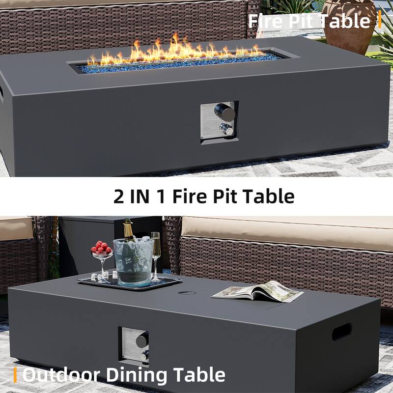 Patio Watcher Outdoor 56in. Rectangular Iron Fire Pit Table with Propane Tank Cover