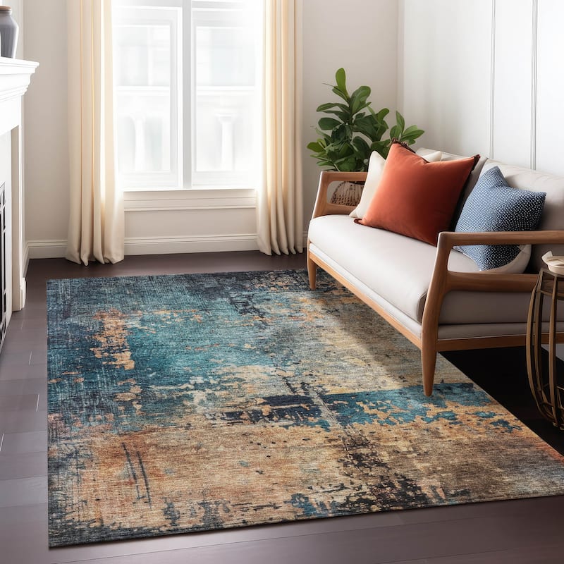 Machine Washable Indoor/ Outdoor Abstract Contemporary Chantille Rug