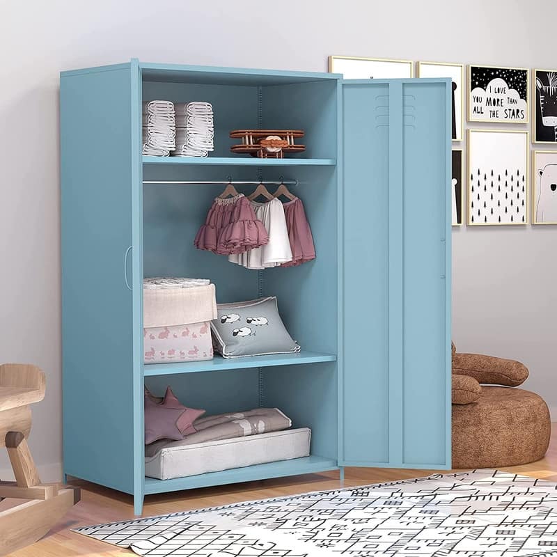Double Doors Metal Locker Cabinet Storage with Hanging Rod and Shelves for Bedroom School Classroom