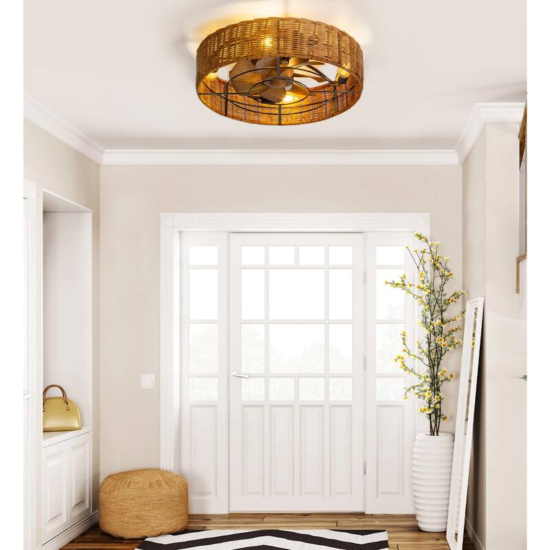 19-in Rattan Shade Low Profile Ceiling Fan with Remote Control