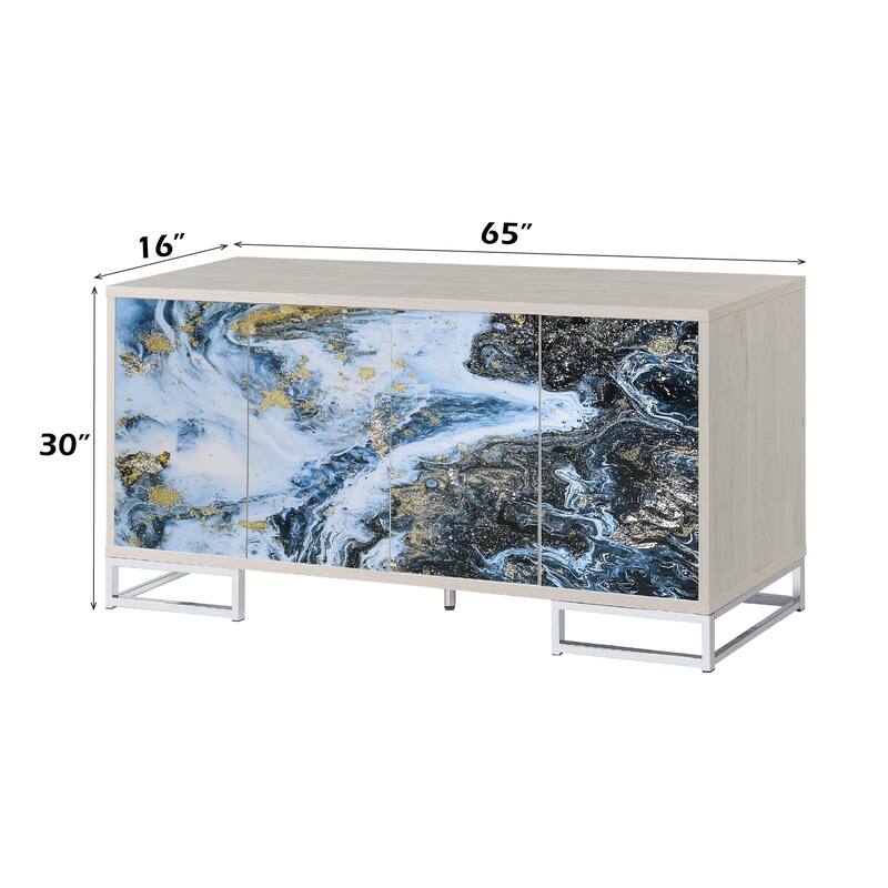 Liam Blue Marble Paint & Chrome Finish Console Cabinet - White