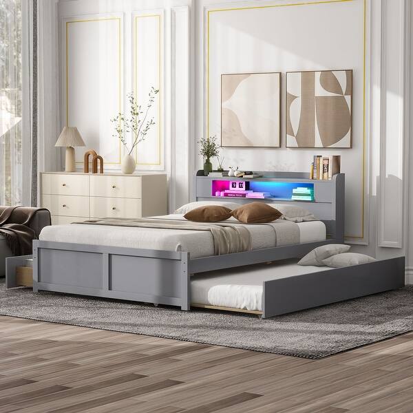 slide 2 of 11, Queen Size Storage Platform Bed Frame with Trundle and 2 Drawers, Gray Gray - Full