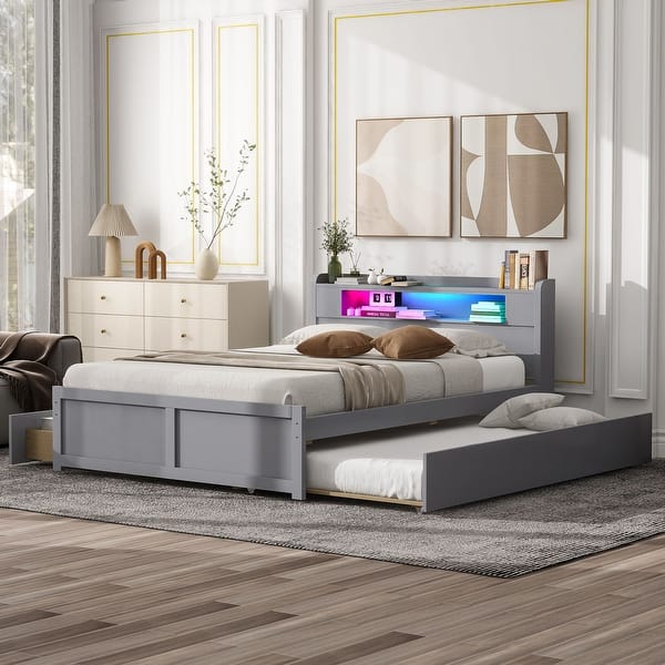 slide 2 of 24, Queen Wood Storage Platform Bed with LED, 2 Drawers and Trundle Gray - Queen