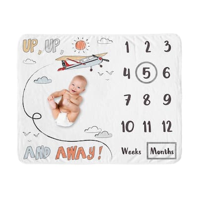 Vintage Airplane Boy Baby Monthly Milestone Blanket - Grey Yellow Orange Red White Blue Airplanes Air Plane Transportation Cloud